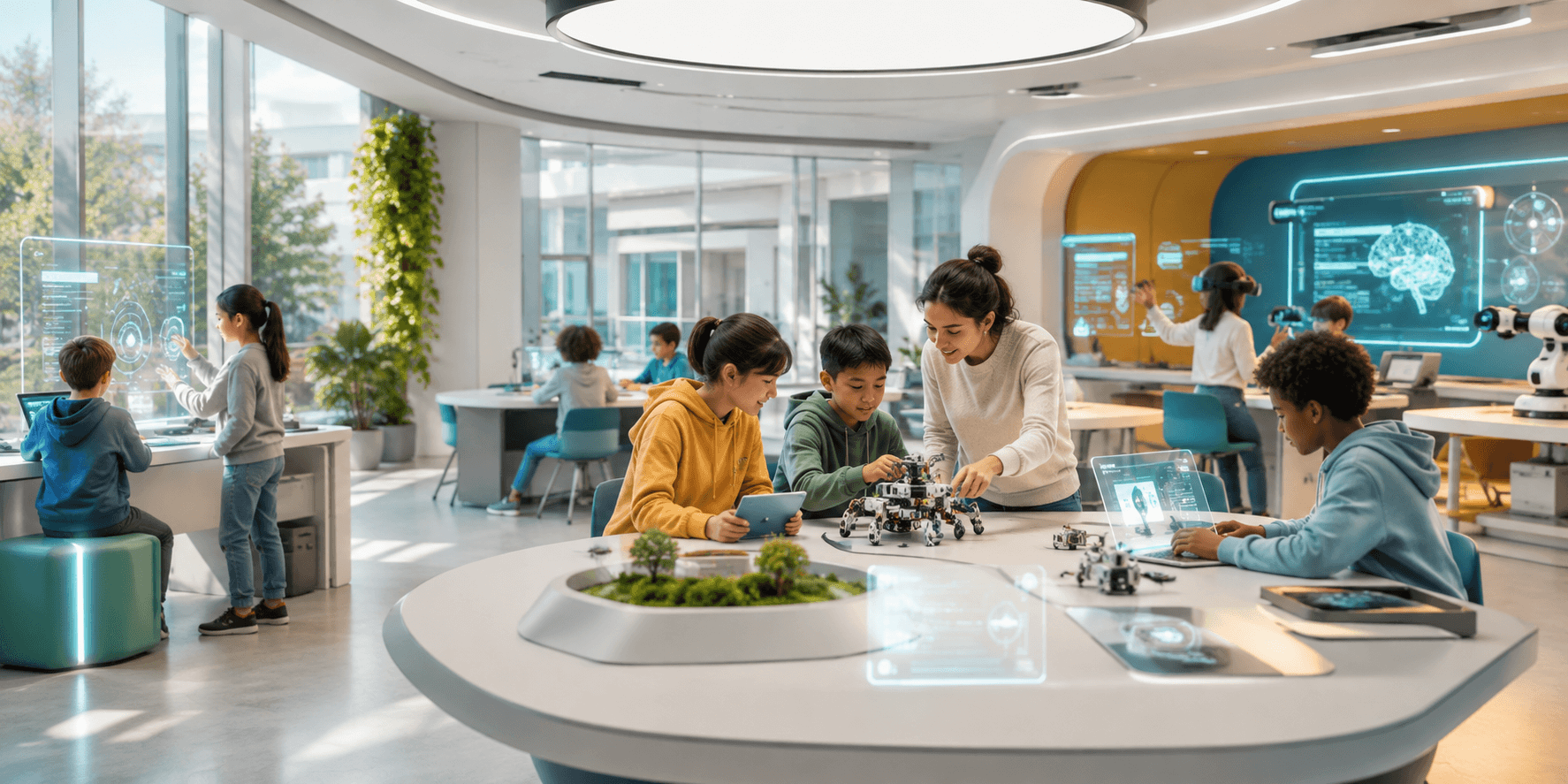 Students collaborating inside a futuristic school innovation lab